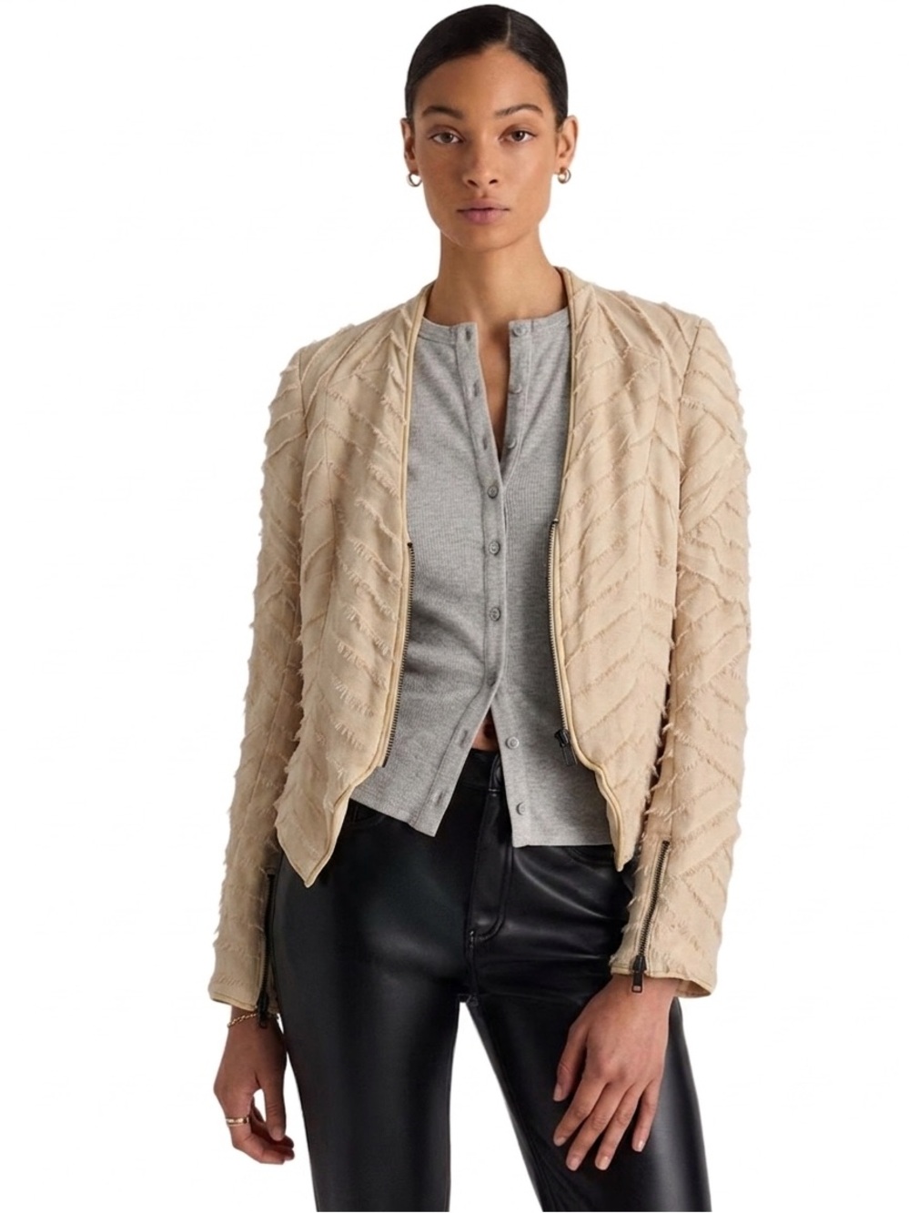 Vintage Haute Hippie Cream Silk Cropped Hi-Low Jacket with Suede Piping — Size 2